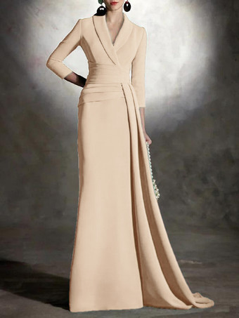 シャンパンブライダルマザードレス Vネック 3/4丈 袖マーメイド プリーツ マキシレングス ゲストドレス 結婚式用