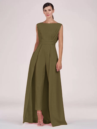 オリーブグリーンマザードレス ジュエルネック ノースリーブ ジャンプスーツ プリーツ 足首丈 ゲストドレス 結婚式用