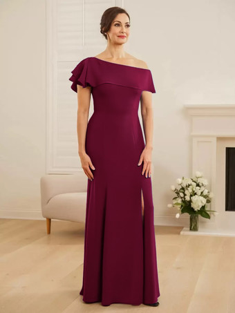バーガンディーブライダルマザードレス ワンショルダー 半袖 マーメイドフリル ウェディングゲストドレス