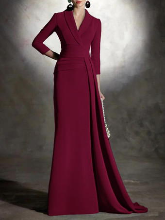 バーガンディーブライダルマザードレス Vネック 3/4丈 袖マーメイド プリーツ マキシレングス ゲストドレス 結婚式用