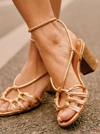 Women Boho Chunky Heel Sandals Open Toe Cut Out Ankle Strap Sandals