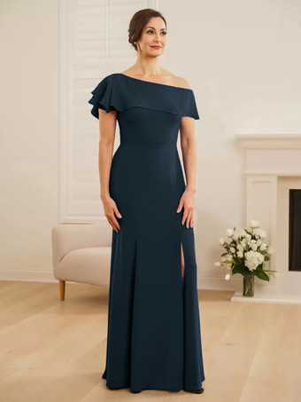 ダークネイビーブライダルマザードレス ワンショルダー 半袖 マーメイドフリル ウェディングゲストドレス