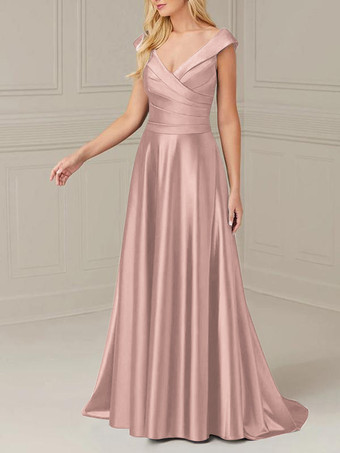 サーモンピンクブライダルマザードレス Vネック ノースリーブ Aライン プリーツ マキシレングス ウェディングゲストドレス