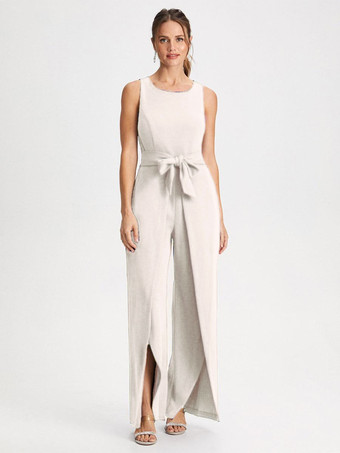 Ivoire Robe de mère col bijou combinaison sans manches ceinture longueur au sol robes d'invitées de mariage