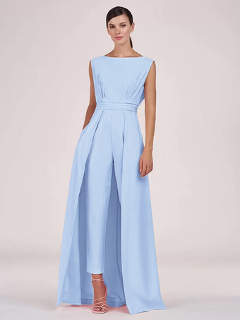 ベビーブルーマザードレス ジュエルネック ノースリーブ ジャンプスーツ プリーツ 足首丈 ゲストドレス 結婚式用