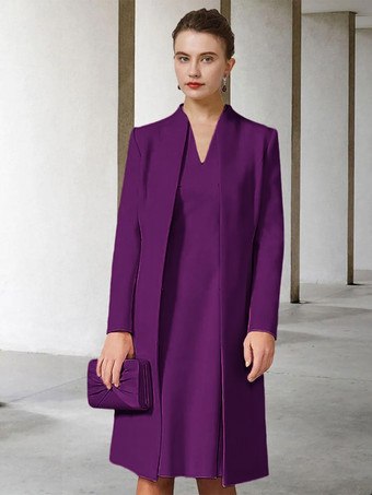 プラム花嫁の母親のためのパーティードレス Vネック 長袖 Aライン 結婚式用ゲストドレス 無料カスタマイズ