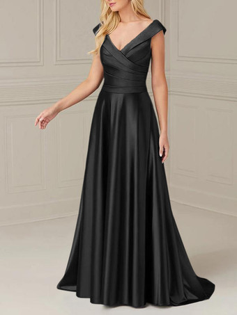 ブラックブライダルマザードレス Vネック ノースリーブ Aライン プリーツ マキシレングス ウェディングゲストドレス