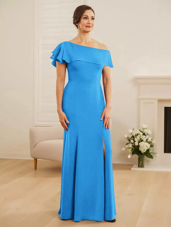 オーシャンブルーブライダルマザードレス ワンショルダー 半袖 マーメイドフリル ウェディングゲストドレス