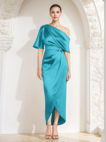 ティールマザードレス ワンショルダー ハーフスリーブ プリーツ シース ゲストドレス 結婚式用