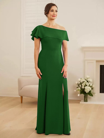ダークグリーンブライダルマザードレス ワンショルダー 半袖 マーメイドフリル ウェディングゲストドレス