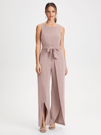 lotus roseRobe de mère col bijou combinaison sans manches ceinture longueur au sol robes d'invitées de mariage