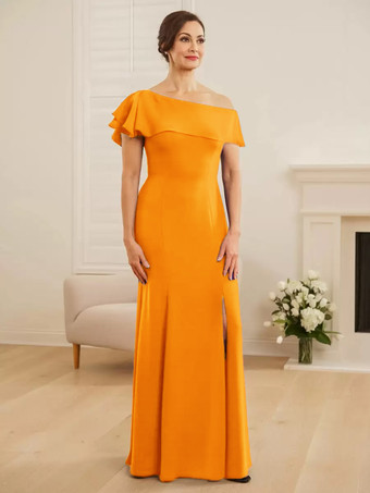 オレンジブライダルマザードレス ワンショルダー 半袖 マーメイドフリル ウェディングゲストドレス