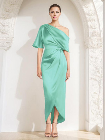ミントグリーンマザードレス ワンショルダー ハーフスリーブ プリーツ シース ゲストドレス 結婚式用