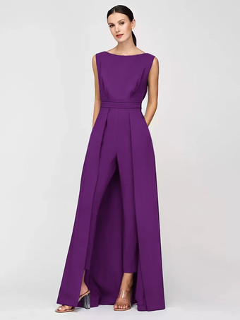 プラムマザードレス ジュエルネック ノースリーブ ジャンプスーツ プリーツ 足首丈 ゲストドレス 結婚式用