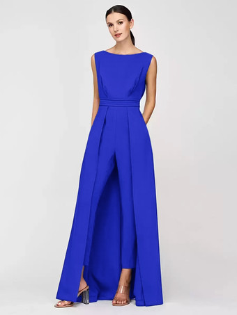 ロイヤルブルーマザードレス ジュエルネック ノースリーブ ジャンプスーツ プリーツ 足首丈 ゲストドレス 結婚式用