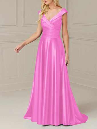 フクシャピンクブライダルマザードレス Vネック ノースリーブ Aライン プリーツ マキシレングス ウェディングゲストドレス
