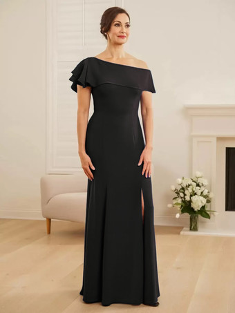 ブラックブライダルマザードレス ワンショルダー 半袖 マーメイドフリル ウェディングゲストドレス