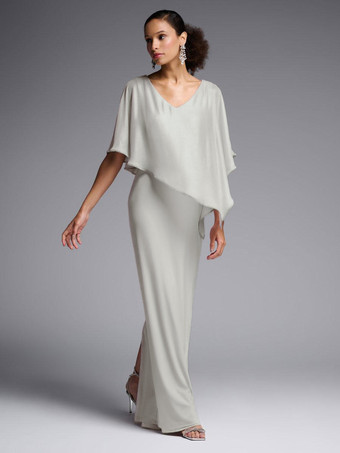 Light GrayBridal Mother Dress Jewel Neck Half Sleeves A-Line Split Front Floor-Length Wedding Guest Dresses