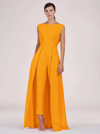 イエローマザードレス ジュエルネック ノースリーブ ジャンプスーツ プリーツ 足首丈 ゲストドレス 結婚式用