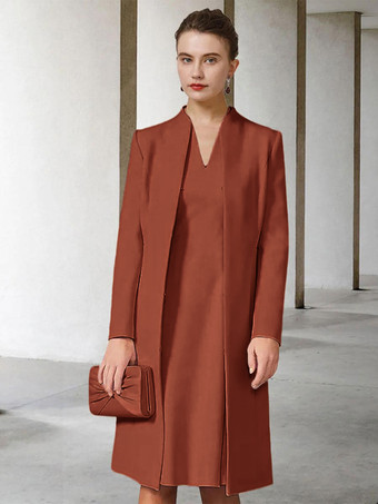 ブリックレッド花嫁の母親のためのパーティードレス Vネック 長袖 Aライン 結婚式用ゲストドレス 無料カスタマイズ