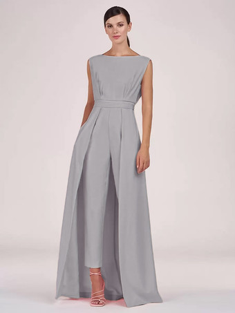 グレイマザードレス ジュエルネック ノースリーブ ジャンプスーツ プリーツ 足首丈 ゲストドレス 結婚式用
