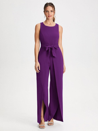 PruneRobe de mère col bijou combinaison sans manches ceinture longueur au sol robes d'invitées de mariage