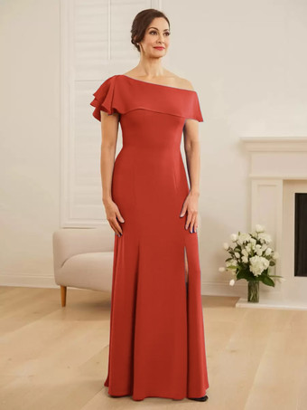 ブリックレッドブライダルマザードレス ワンショルダー 半袖 マーメイドフリル ウェディングゲストドレス