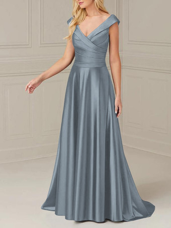 スレートグレー ブライダルマザードレス Vネック ノースリーブ Aライン プリーツ マキシレングス ウェディングゲストドレス