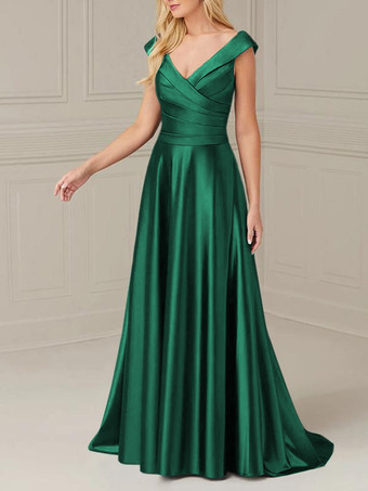 ダークグリーンブライダルマザードレス Vネック ノースリーブ Aライン プリーツ マキシレングス ウェディングゲストドレス