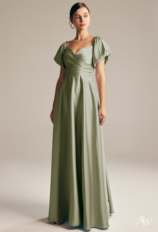 アボカドグリーンブライドメイドドレス Aライン マキシレングス ジッパー サテン生地 プロムドレス