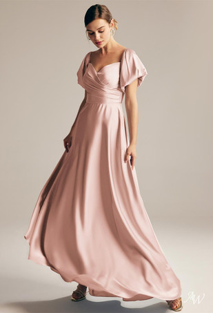 ソフトピンクブライドメイドドレス Aライン マキシレングス ジッパー サテン生地 プロムドレス