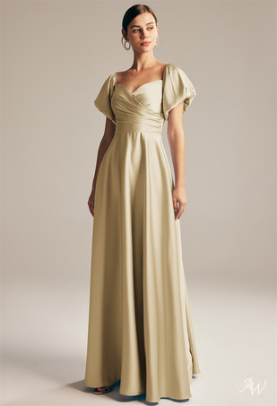 シャンパンブライドメイドドレス Aライン マキシレングス ジッパー サテン生地 プロムドレス