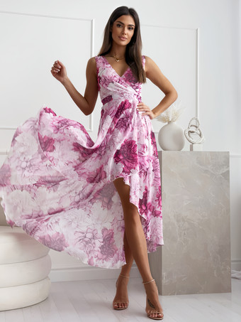 フクシア 花柄ドレス フェイクラップ アシンメトリー サマー カジュアル ロングドレス