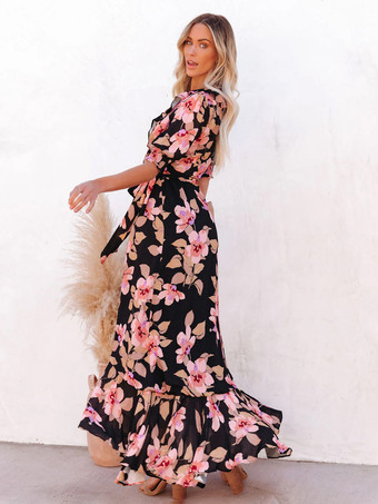 ラップドレス 花柄フリル ベルト付き アシンメトリー バケーション カジュアル ロングドレス