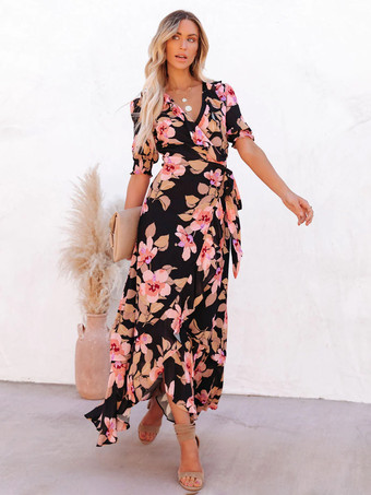 ラップドレス 花柄フリル ベルト付き アシンメトリー バケーション カジュアル ロングドレス