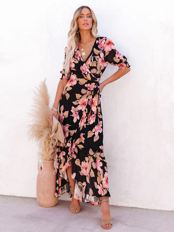 ブラック ラップドレス 花柄フリル ベルト付き アシンメトリー バケーション カジュアル ロングドレス