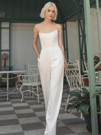 ホワイトアイボリー ブライダル ジャンプスーツ ストレッチ クレープ マキシレングス Aライン ストラップレス ノースリーブ ウエストライズド ジャンプスーツ