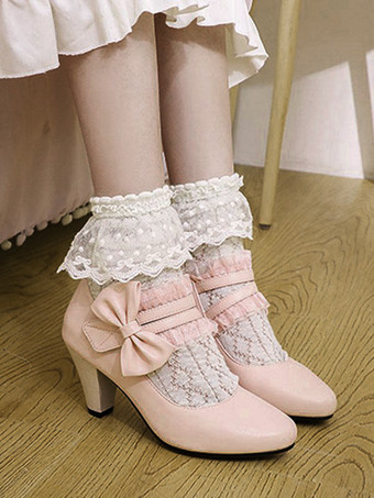 ピンク甘いロリータ靴弓PUレザープリズムヒールロリータパンプス