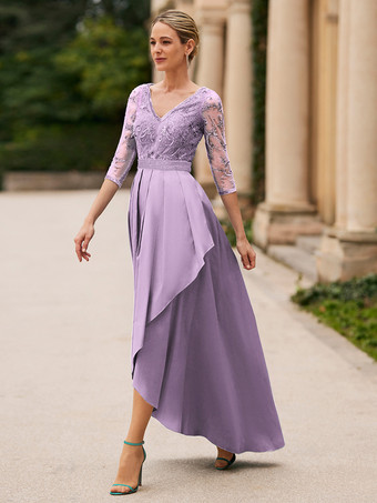 ラベンダーブライダルマザードレス Vネック 7分袖 Aライン レース 足首丈 ウェディングゲストドレス