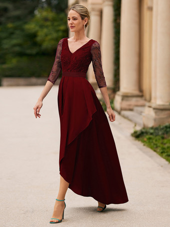 バーガンディーブライダルマザードレス Vネック 7分袖 Aライン レース 足首丈 ウェディングゲストドレス