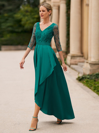 ターコイズグリーンブライダルマザードレス Vネック 7分袖 Aライン レース 足首丈 ウェディングゲストドレス