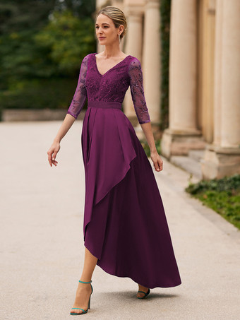 マゼンタブライダルマザードレス Vネック 7分袖 Aライン レース 足首丈 ウェディングゲストドレス