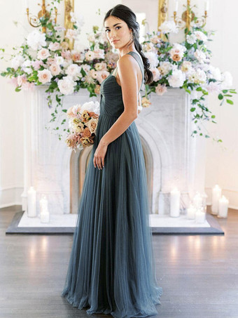 ブライドメイドドレスAラインスウィートハートネックノースリーブフロアレングスシングルスレッドチュールグリーンウェディングパーティードレス