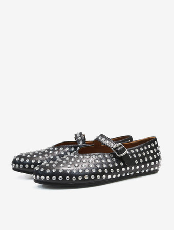 ブラック バレリーナ フラット ラインストーン ラウンドトゥ メリー ジェーン バレエ フラット シューズ