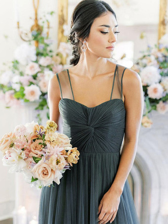 ブライドメイドドレスAラインスウィートハートネックノースリーブフロアレングスシングルスレッドチュールグリーンウェディングパーティードレス