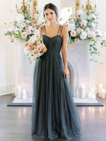 ブライドメイドドレスAラインスウィートハートネックノースリーブフロアレングスシングルスレッドチュールグリーンウェディングパーティードレス