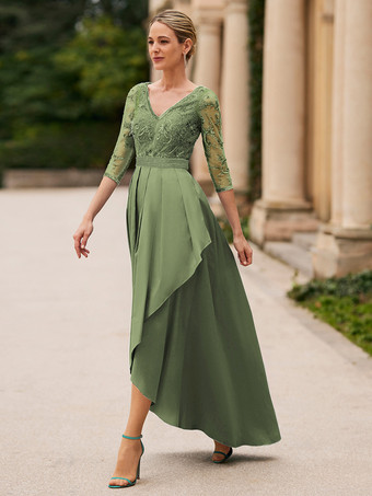 セージグリーンブライダルマザードレス Vネック 7分袖 Aライン レース 足首丈 ウェディングゲストドレス