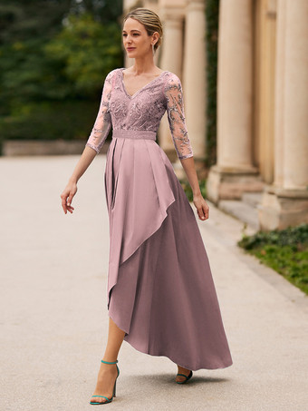 サーモンピンクブライダルマザードレス Vネック 7分袖 Aライン レース 足首丈 ウェディングゲストドレス