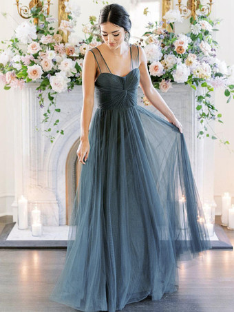 ブライドメイドドレスAラインスウィートハートネックノースリーブフロアレングスシングルスレッドチュールグリーンウェディングパーティードレス