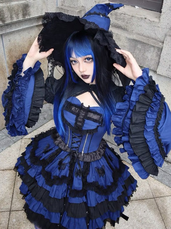 ブルー   ゴシックロリータドレス 時崎狂三 フリルレーススリップドレス